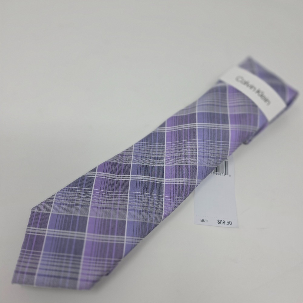 Calvin Klein Tie Mens One Size Purple Amethyst Plaid Slik Blend Modern NWT‎